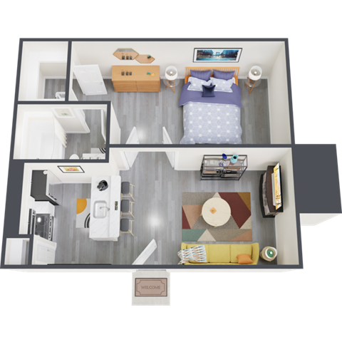 Floor plan for 1 bed, 1 bath, 486 sqft